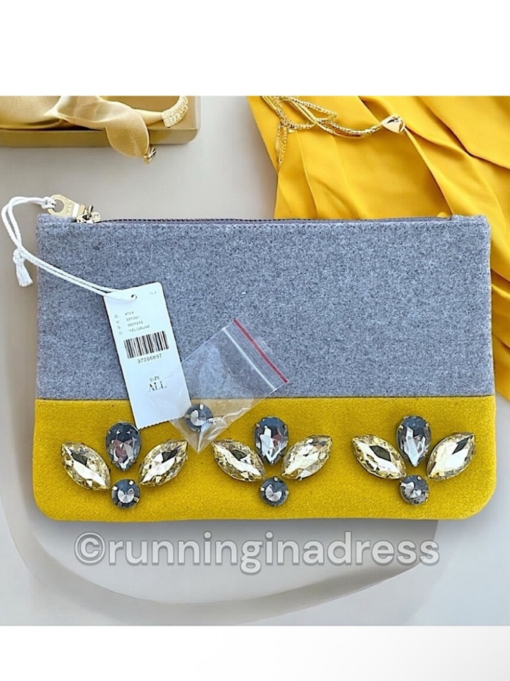 NWT Anthropologie Shiraleah Chicago Jeweled Felt Clutch Bag Pouch Yellow Grey